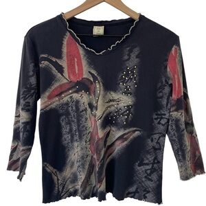 Jess & Jane Womens Artsy Top Size S Black Rhinestone Floral Ruffled 3/4 Sleeve
